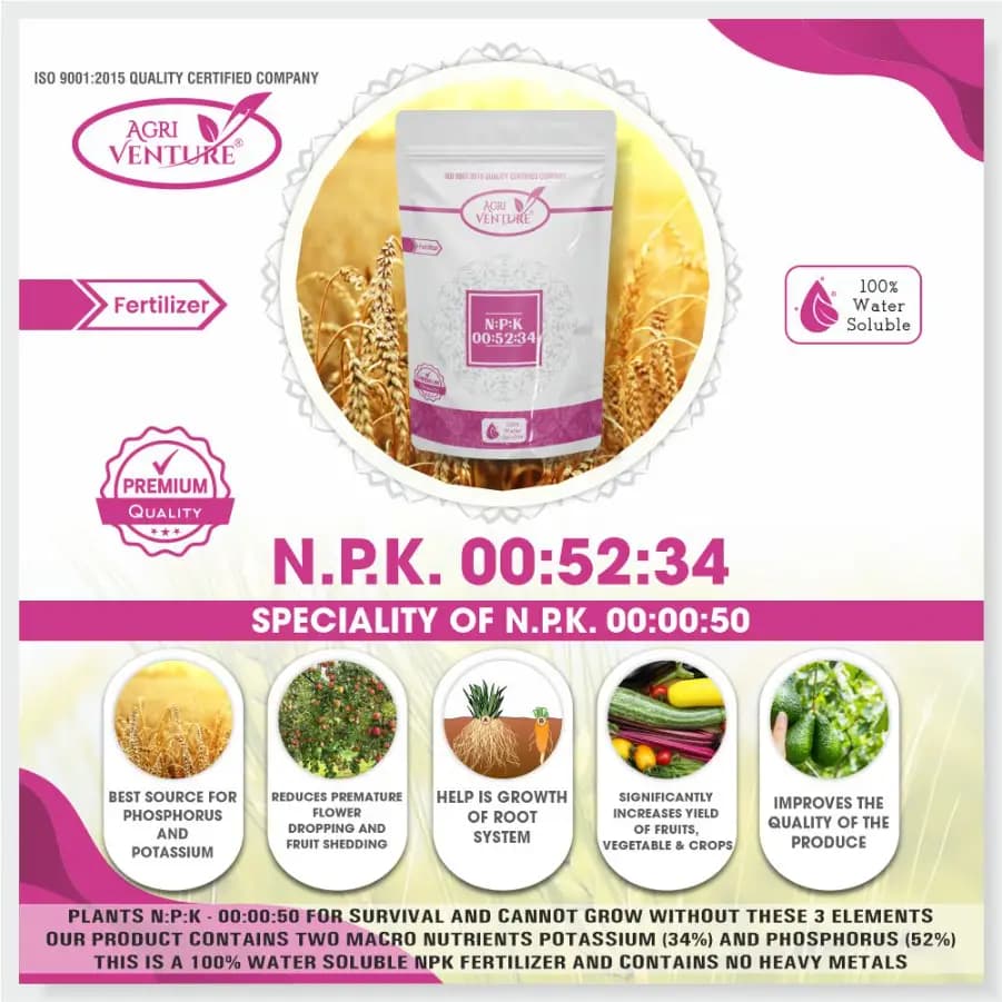 Agriventure NPK 00:52:34 Imported 100% Water Soluble Fertilizer, Excellent Source of NPK Fertilizers, Drip as Well as for Foliar Spray Used - Image 3