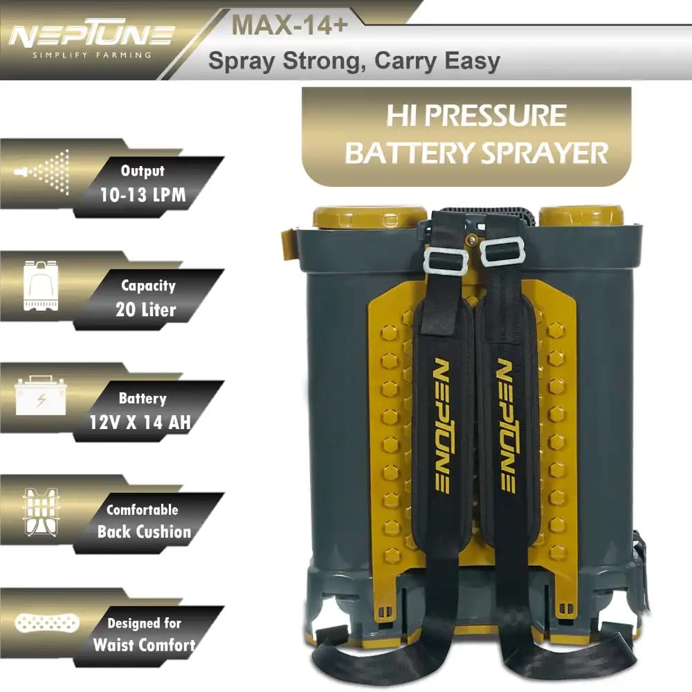 Neptune Max-14-Plus Backpack Battery Sprayer, Dual Pump 12V 14AH, 20L Tank, Output 10-13 LPM with 5 Nozzles, Include Italian Gun for Farming & Garden - Image 2