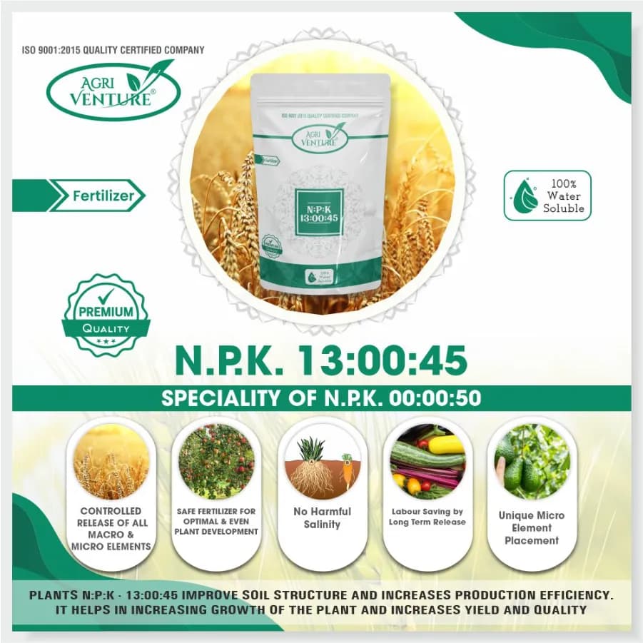Agriventure NPK 13:00:45 Imported 100% Water Soluble Drip Fertilizer, Suitable for All Crops - Image 3