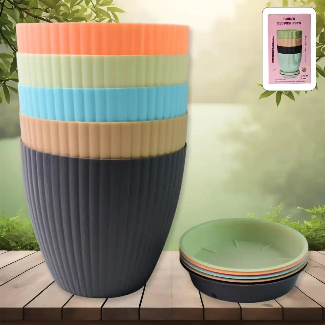 Round Flower Pots, Plastic with Decorative Bottom Tray With Color Box (5 Pcs Set) - Image 2
