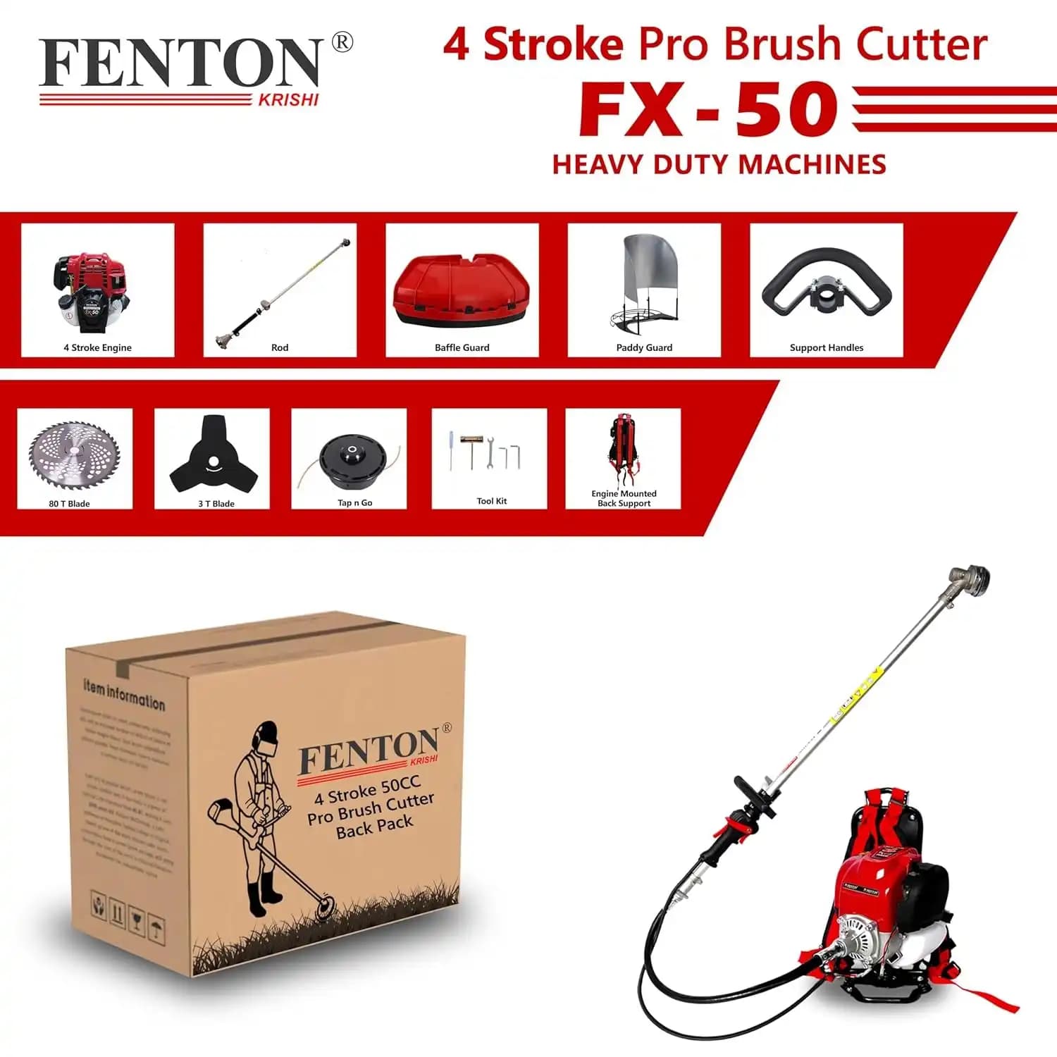 Fenton Krishi FTK-BP-50P 3IT Backpack Brush Cutter With 80T, 3T, Tap n Go Trimmer, 50CC Pro BP 4 Stroke - Image 2