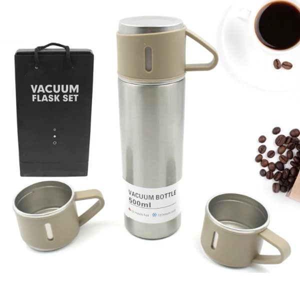 Stainless Steel Vacuum Flask Set with 3 Steel Cups Travel Friendly - 500ml - Image 4