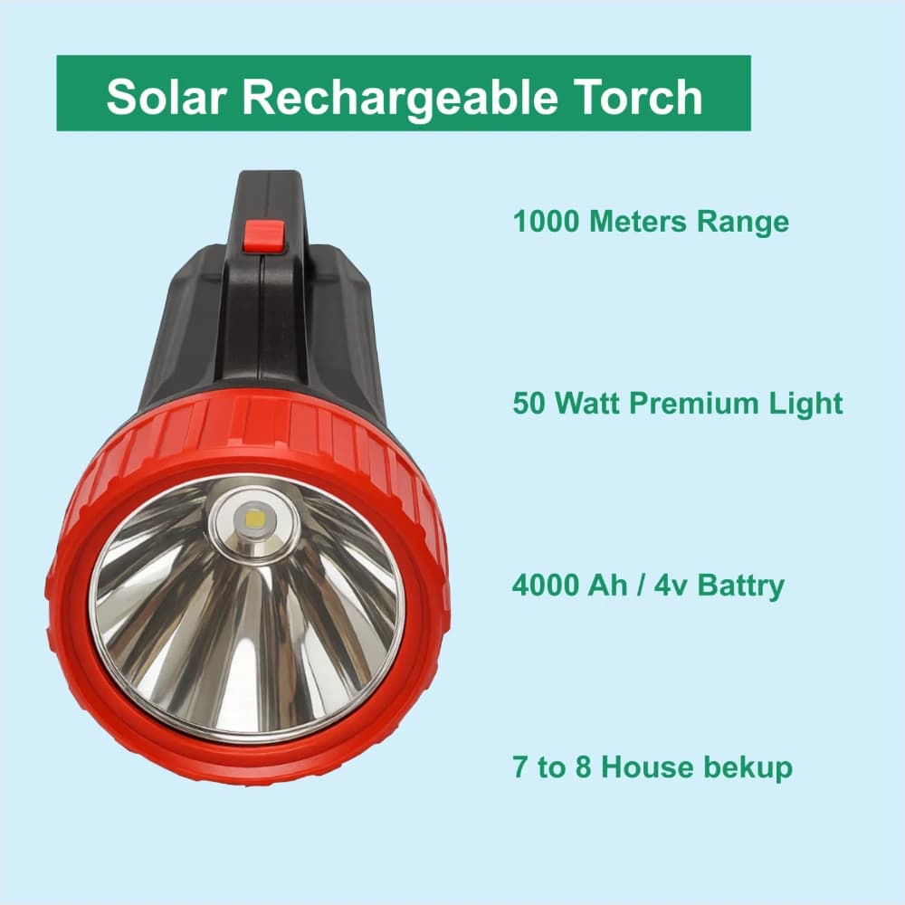 Radhe Agri Solar Rechargeable Torch Light, 1KM Range, 50W LED, 4000mAh Battery - Image 3