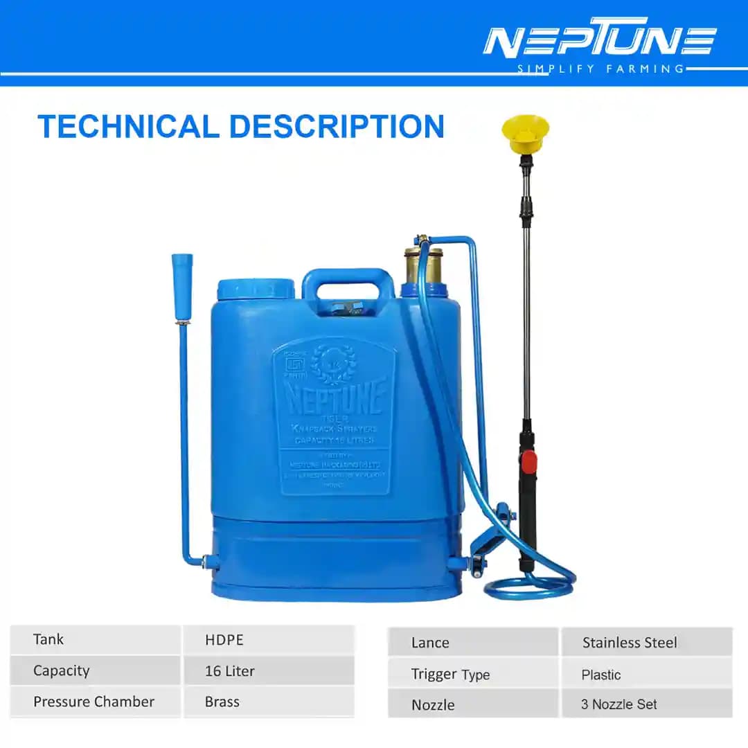 Neptune Hariyali-10 Knapsack Hand Sprayer 16L HDPE Tank, Brass Pressure Chamber, Telescopic Lance, 3 Nozzles Metal Skirting, Ideal for Farming, Garden - Image 7