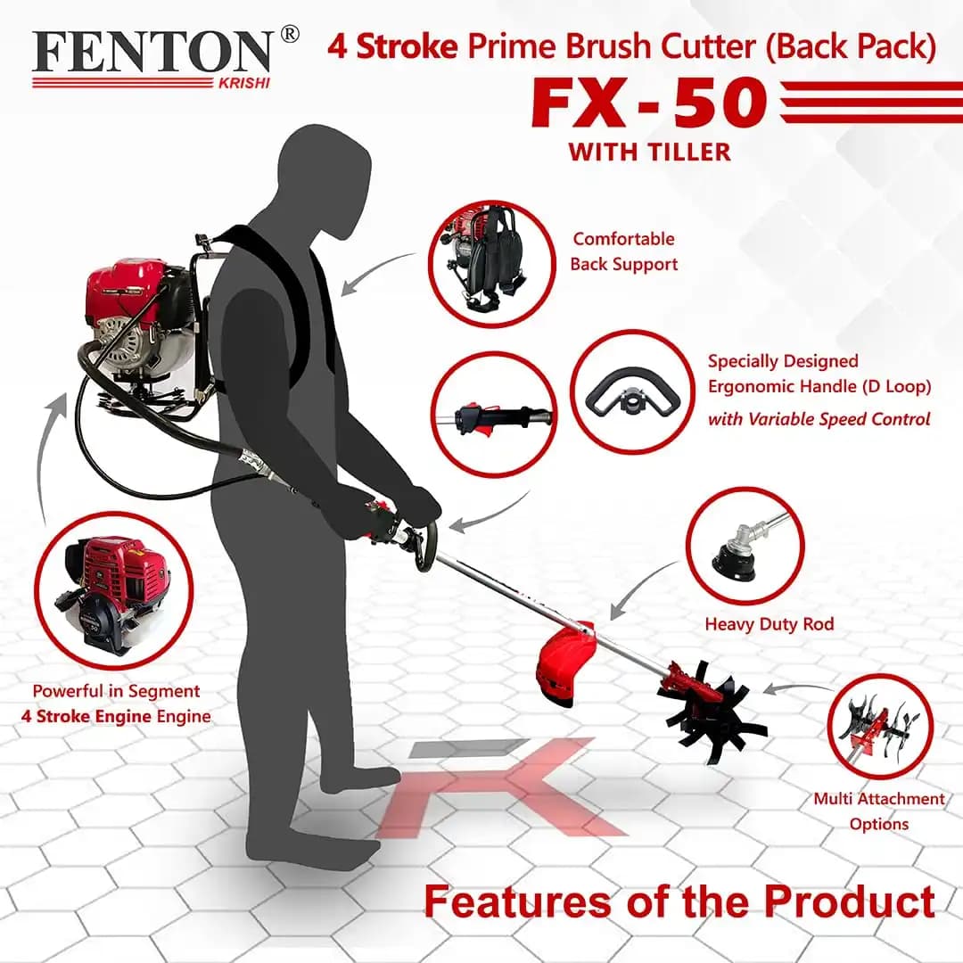 Fenton Krishi Back Pack FX-50 Prime Brush Cutter, 50CC, 4-Stroke, 1.8HP Engine, 750ML Fuel Tank, Best For Gardens, Backyards, Small Fields - Image 4