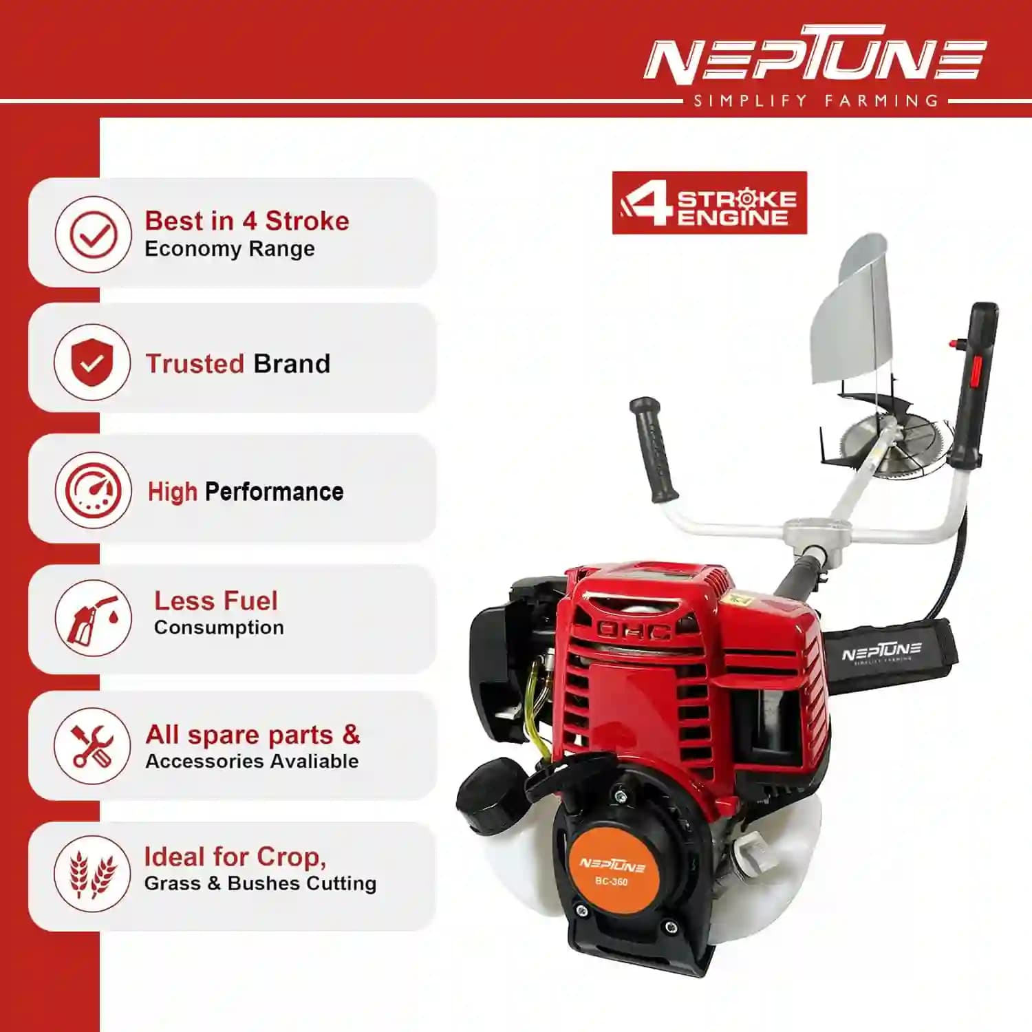 Neptune BC-360 Side Pack Brush Cutter, 35CC Advanced Technology 4 Stroke Petrol Engine, Heavy Duty Crop Cutter Machine - Image 3
