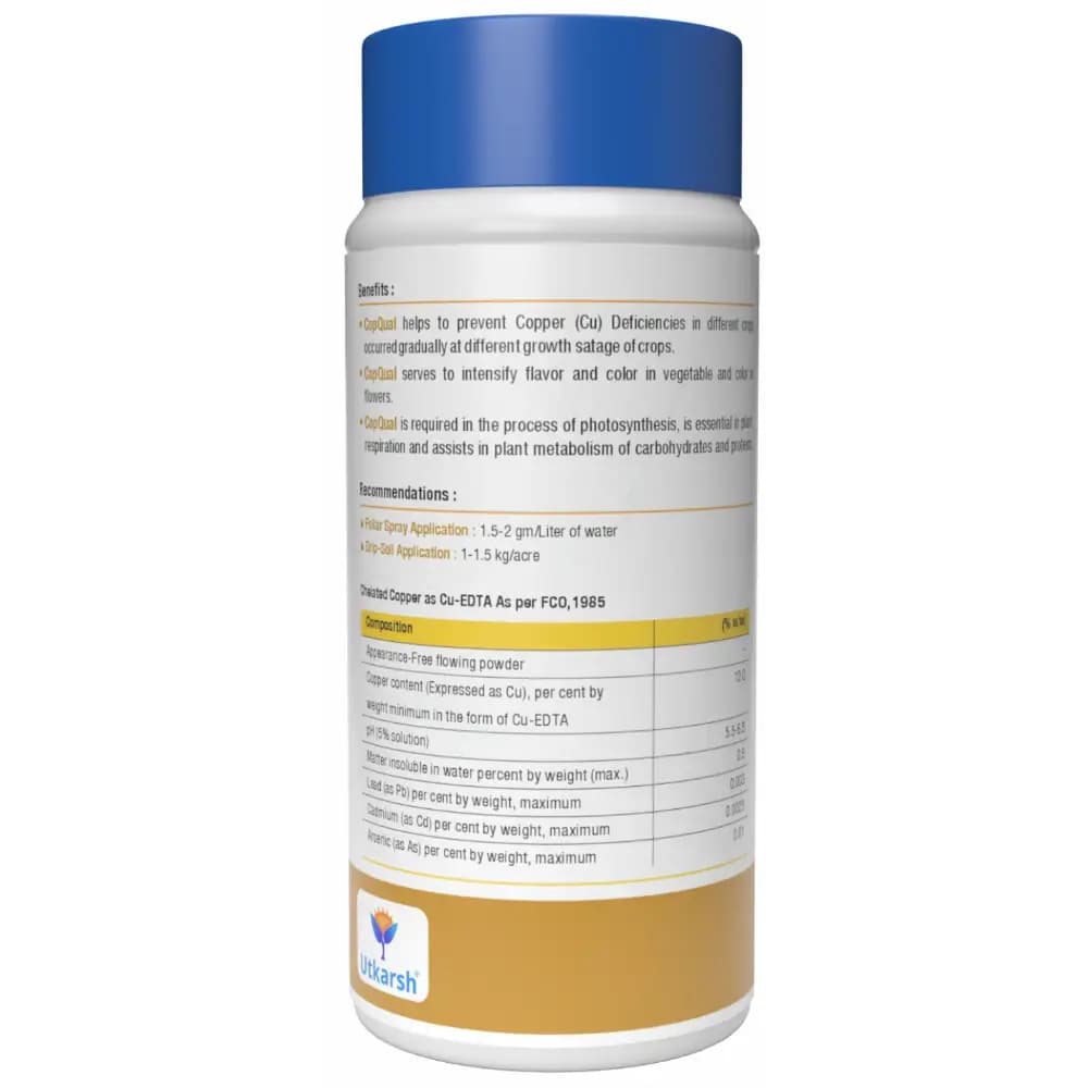 Utkarsh CopQual (Copper- Cu 12% EDTA Chelated Fertilizer) 100% Water Soluble Foliar Spray, Prevents Copper Deficiencies - Image 2