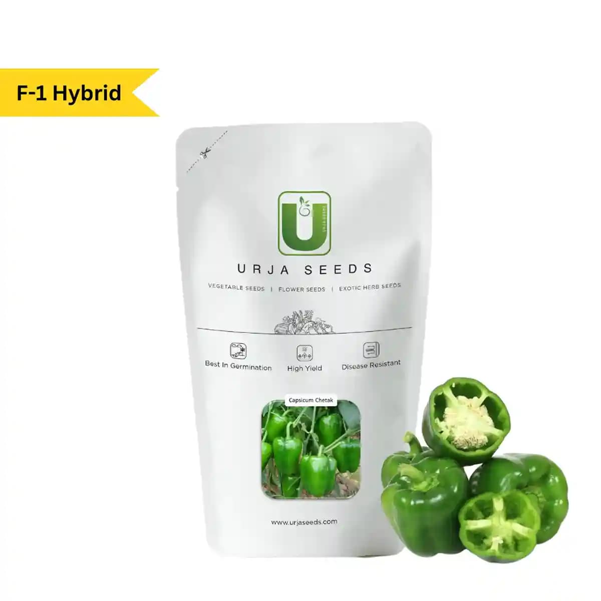 Urja F1 Hybrid Chetak Capsicum Seeds, Dark Green Medium Tall Compact Plant - Image 1