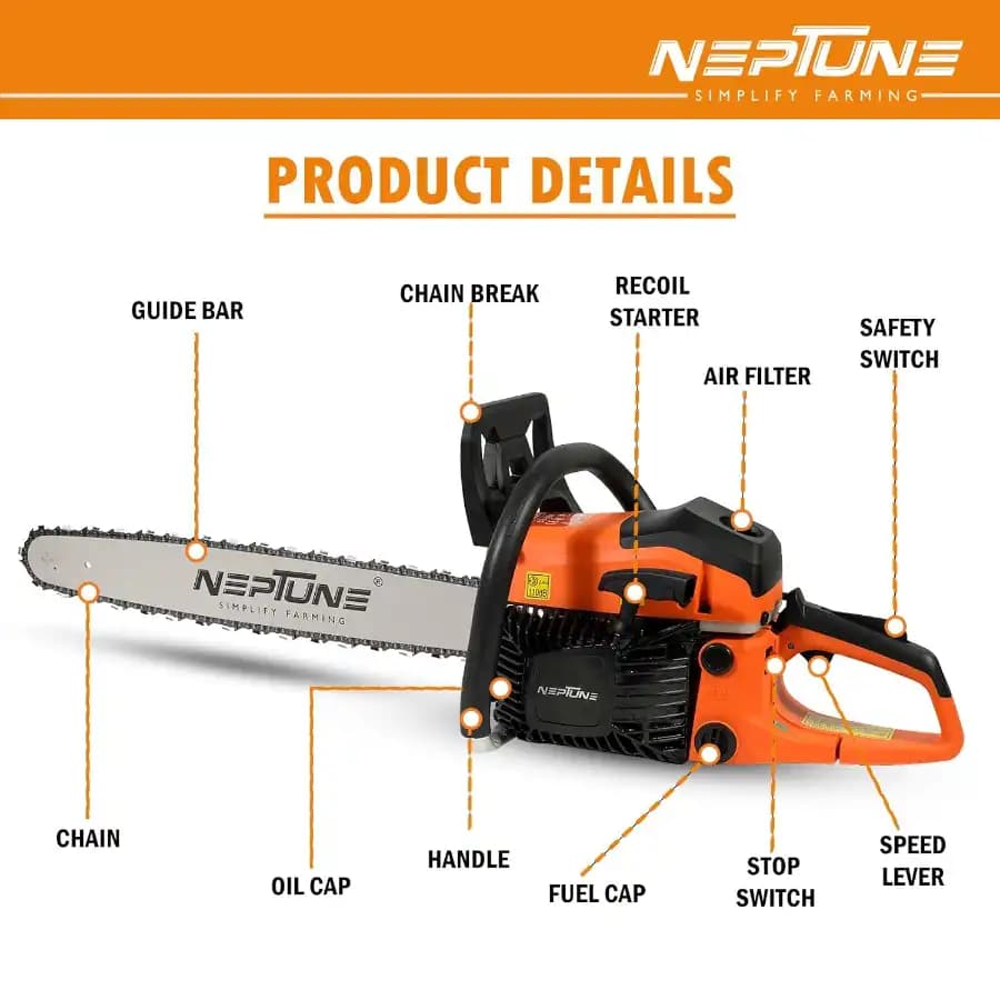 Neptune CS-58M Chain Saw Heavy Duty Powerful Magnesium Body, 58CC, 2 Stroke Petrol, 22inch Blade, Professional Cutting Trees, Garden, Agriculture - Image 7