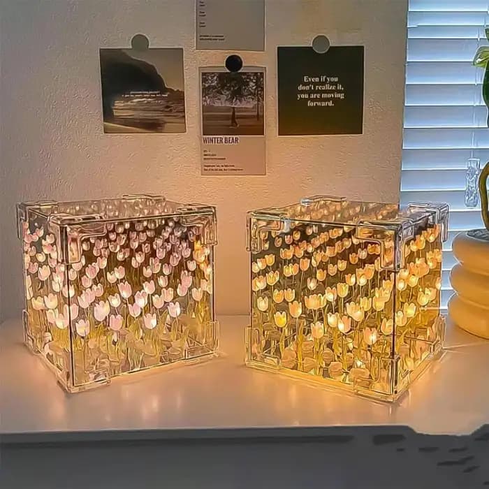Cube Tulip Night Lamp, LED Decorative Mirror Flower Table Light For Bedroom - Image 4