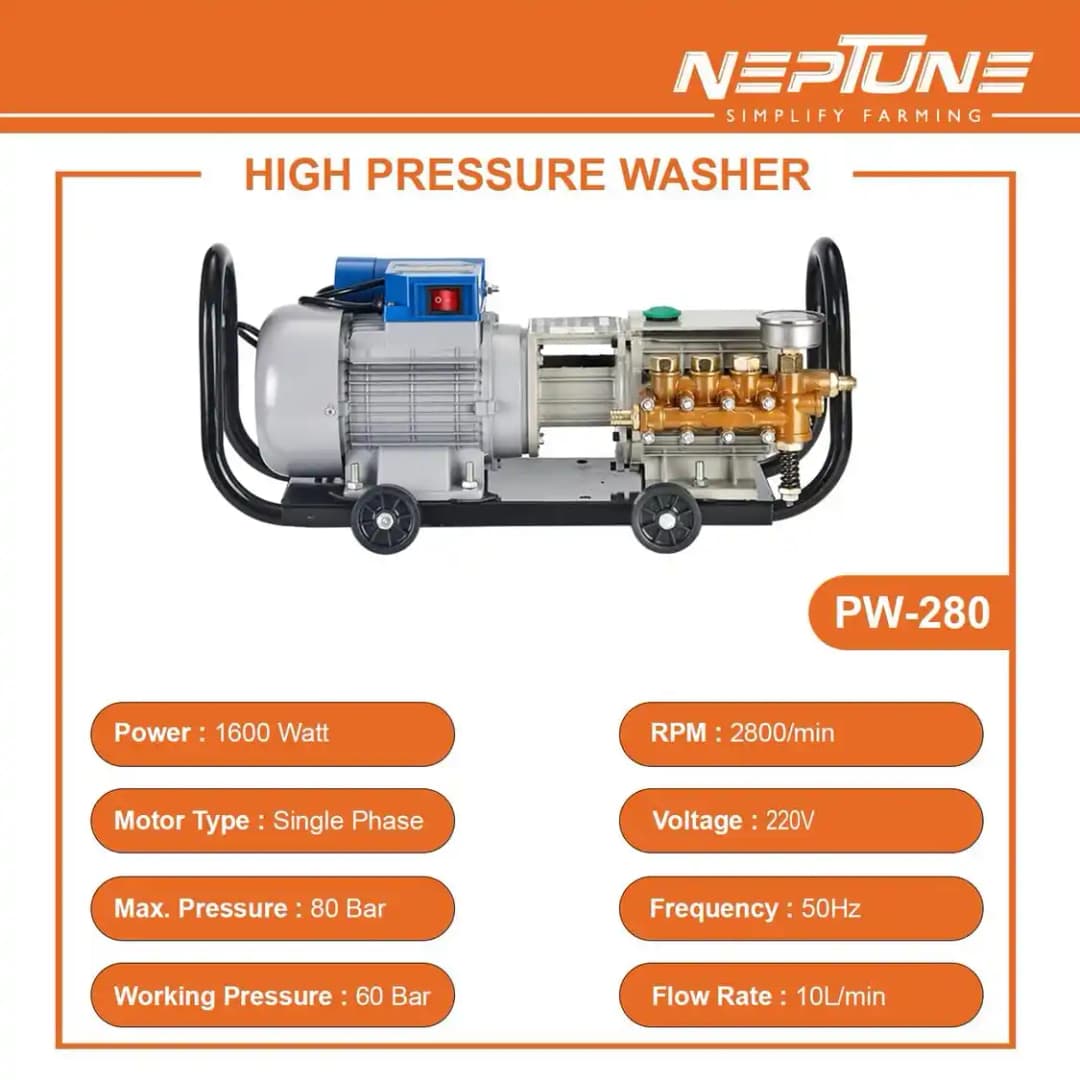 Neptune PW-280 Electric Portable High Pressure Washer, 1600W, Piston Pump, Flow Rate 10L-Min, Ideal For Washing And Cleaning Purpose - Image 3