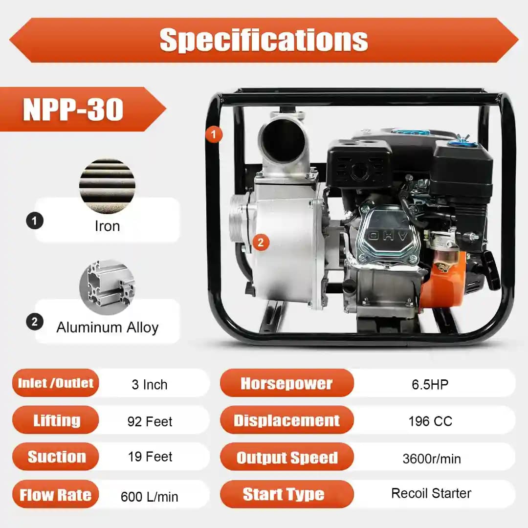 Neptune NPP-30 Water Pump, 3 Inch Outlet, 6.5 HP, 196 CC 4 Stroke Petrol Engine, 3600 RPM Ideal for Farming, Irrigation, Draining & Gardening - Image 6