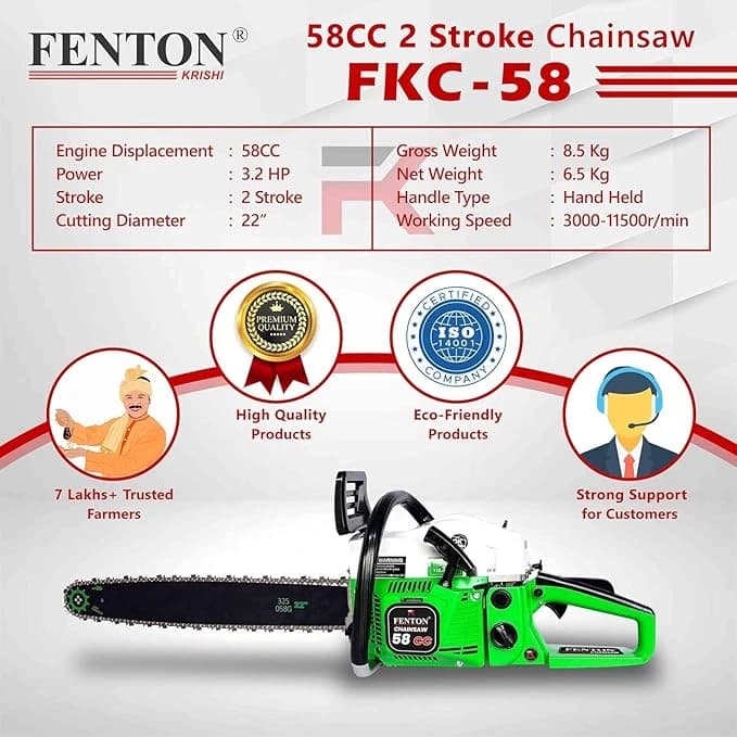 Fenton Krishi FKC-58-18, 58 CC, 18 Inch, 2-Stroke Petrol Engine Chainsaw, Guide Bar For Wood Cutting Air Cooled Chainsaw - Image 4