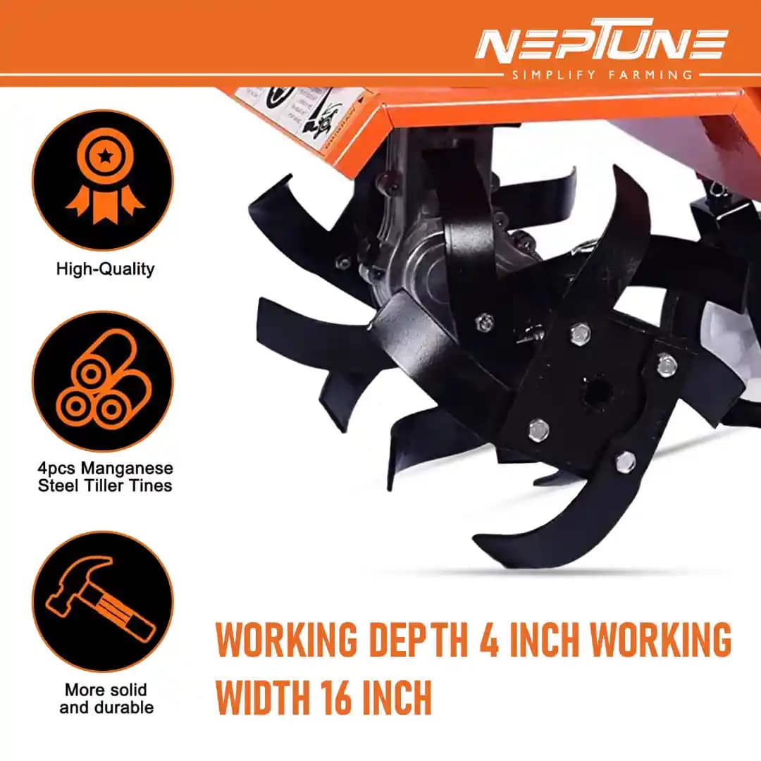 Neptune NC-62 Heavy-Duty Mini Tiller, 62CC 3HP Petrol Engine, High Carbon Blades, 16 Width, 4 Depth, Perfect for Agriculture, Farm & Garden Work - Image 7