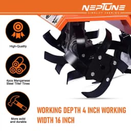 Neptune NC-62 Heavy-Duty Mini Tiller, 62CC 3HP Petrol Engine, High Carbon Blades, 16 Width, 4 Depth, Perfect for Agriculture, Farm & Garden Work 7