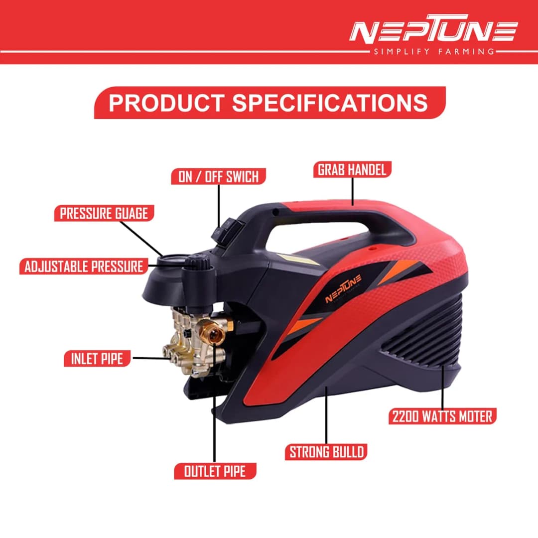 Neptune PW-1000-FX Portable High Pressure Washer, 1800W, 120 Bars, 10L-Min Flow Rate, 6 Meter Hose, Ideal for Washing Cleaning And Household - Image 5
