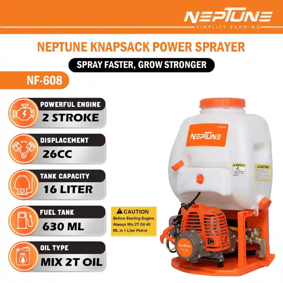 Neptune Model-608 Knapsack Power Sprayer, 2-Stroke 26CC Petrol Engine, 16L Tank, 2 Types Spray Guns Included, Ideal for Farming, Agriculture & Garden - Image 5