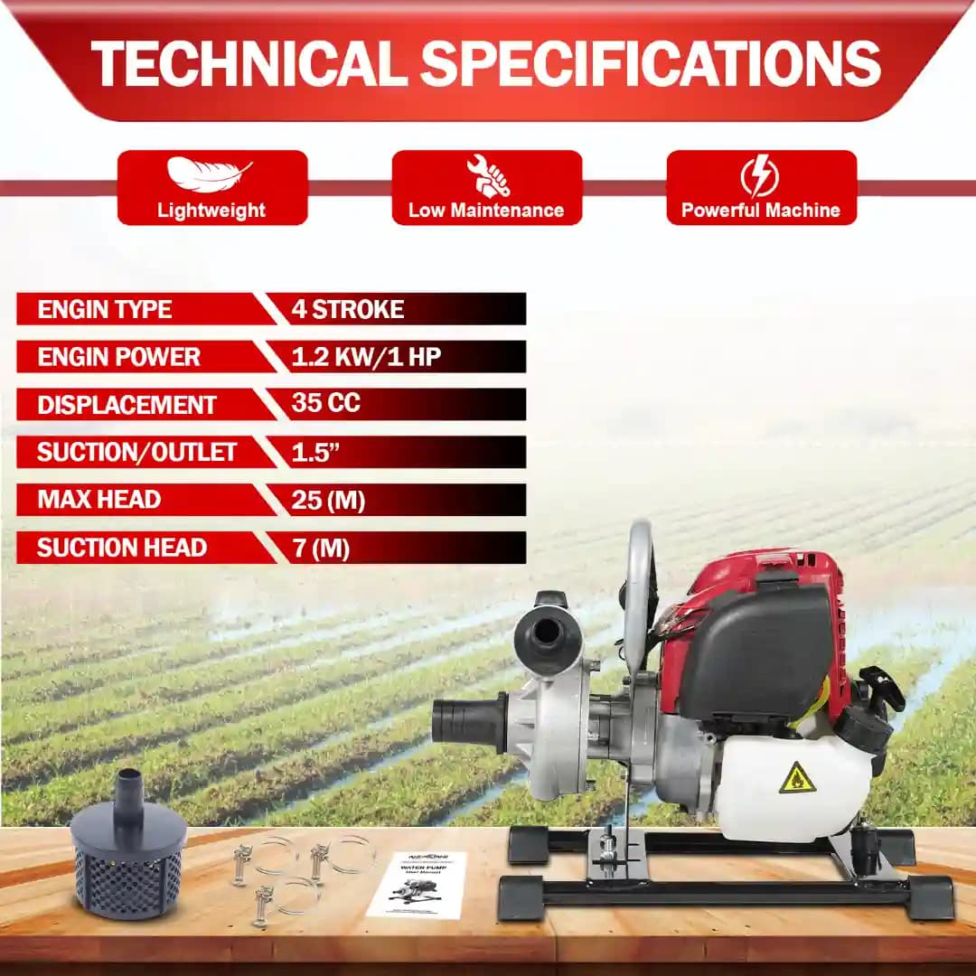 Neptune 35CC Portable Water Pump 1.5 Inch Outlet, Powerful 4 Stroke Petrol Engine, Maximum Discharge 135 L.min Ideal for Farming, Draining, & Gardning - Image 6