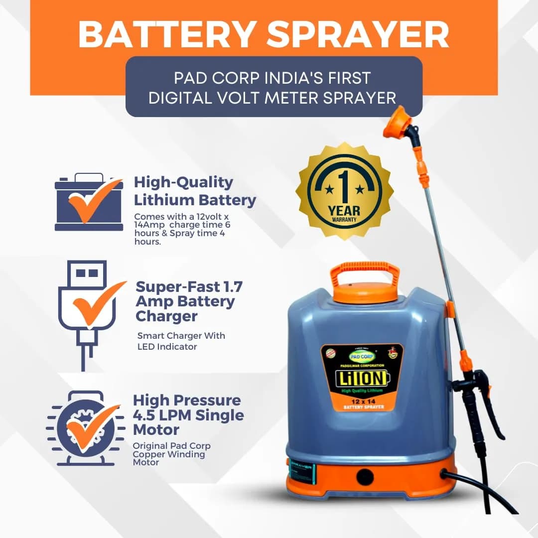Pad Corp Li-Ion Lithium Battery Sprayer 12 Volt x 14 Amp, 1 Year Battery Warranty, Light Weight, 4.5 LPM Copper Motor, 16 Ltr Tank, Digital Volt Meter - Image 4