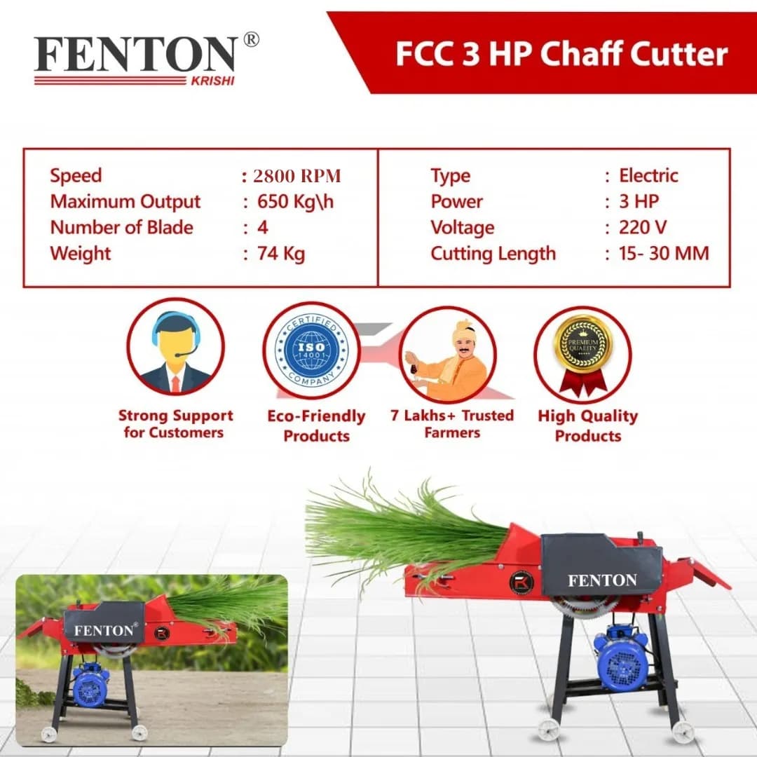 Fenton Krishi FTK-CCM-04 Electric Chaff Cutter, 3HP Motor 4-Cutting Blade & Wheels - Image 3