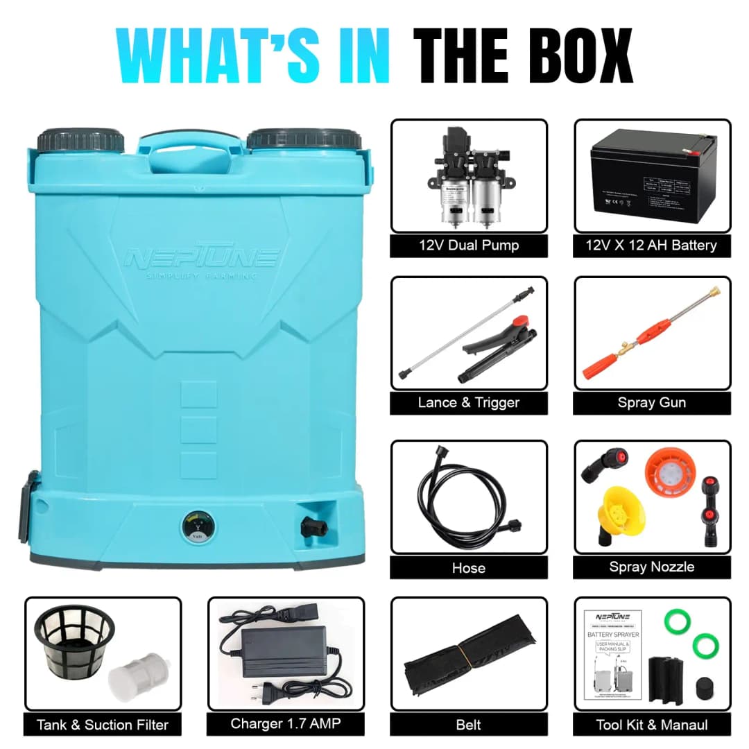 Neptune Model-13-Plus Knapsack Battery Sprayer, 12V 12Amp Double Motor, 20L Tank, Spray Gun up to 20 Ft Spray for Farming & Garden (Color May Vary) - Image 8