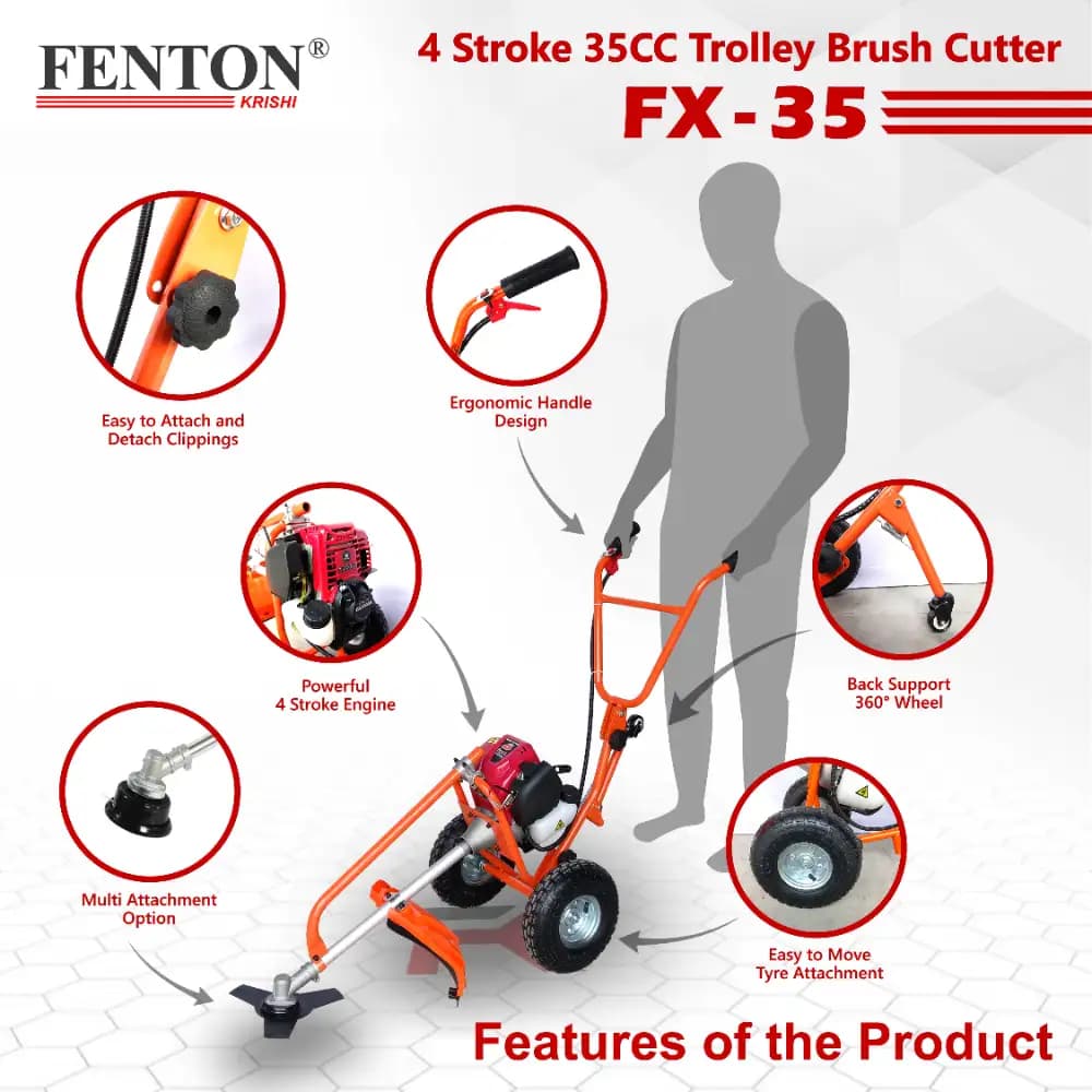 Fenton Krishi FX-35 Trolley Brush Cutter, 35CC, 4 Stroke, 1.8HP Engine, 750ML Fuel Tank, Best For Gardens, Backyards, Small Fields - Image 3
