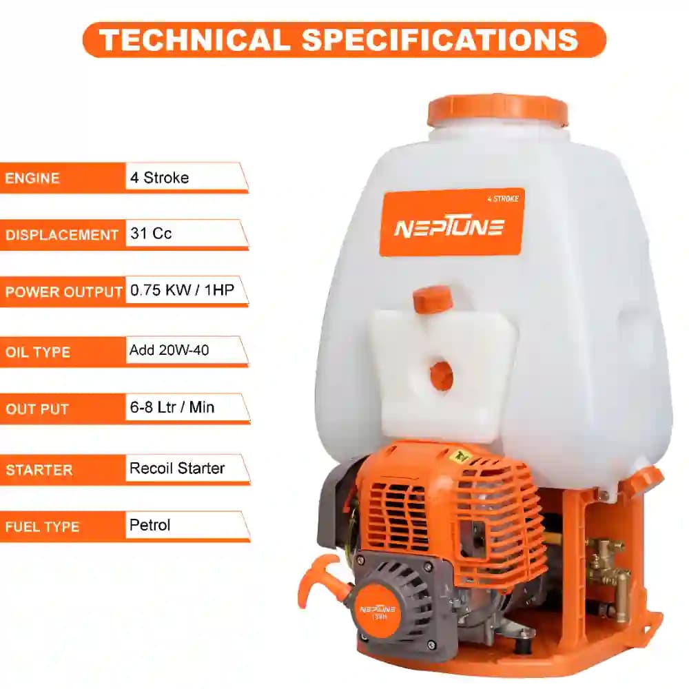 Neptune Model-767 Knapsack Power Sprayer, 4-Stroke 31CC Petrol Engine, 25L Tank, 2 Types Spray Guns Included, Ideal for Farming, Agriculture & Garden - Image 8