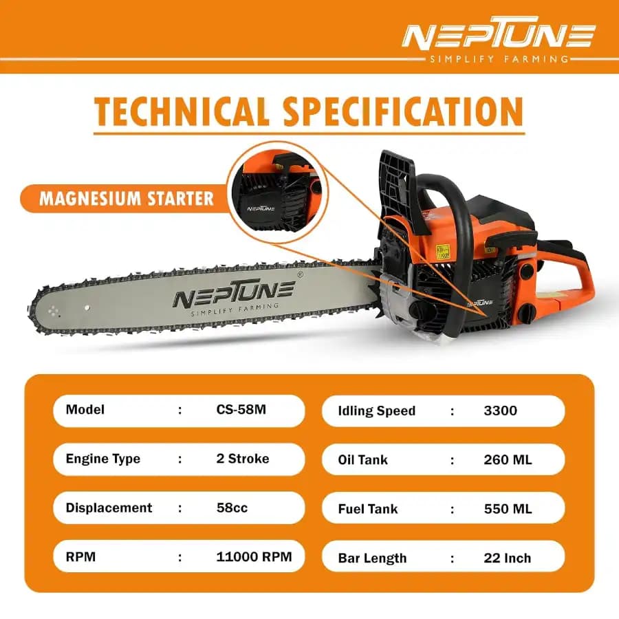 Neptune CS-58M Chain Saw Heavy Duty Powerful Magnesium Body, 58CC, 2 Stroke Petrol, 22inch Blade, Professional Cutting Trees, Garden, Agriculture - Image 6