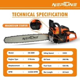 Neptune CS-58M Chain Saw Heavy Duty Powerful Magnesium Body, 58CC, 2 Stroke Petrol, 22inch Blade, Professional Cutting Trees, Garden, Agriculture 6