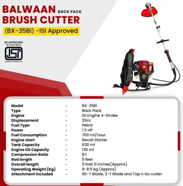 बलवान BX-35Bi 4 स्ट्रोक ब्रश कटर, बैकपैक 35CC ISI मार्क, कृषि उद्देश्यों के लिए उपयोग किया जाता है - Image 3