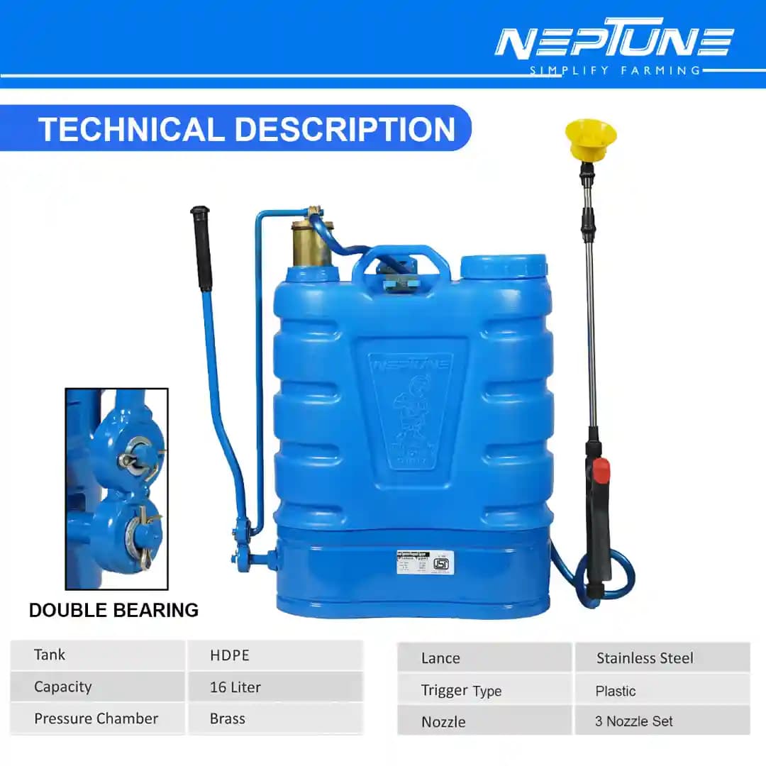 Neptune Hariyali-12 Knapsack Hand Sprayer, 16L HDPE Tank, Brass Chamber, Telescopic Lance with 3 Nozzles Dual Ball Bearing Ideal for Farming, Garden - Image 3