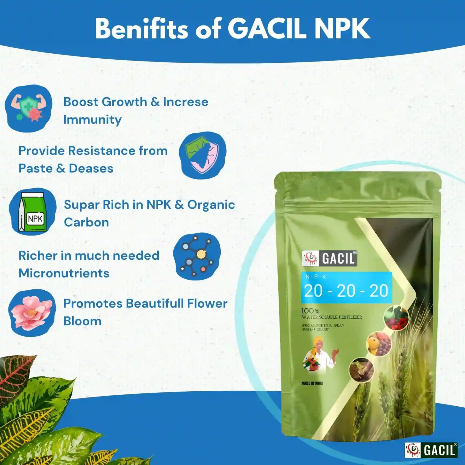 GACIL NPK 20:20:20 Water Soluble Fertilizer Balanced Plant Growth Booster For Vegetables, Fruits, Flowers & Field Crops - Image 4