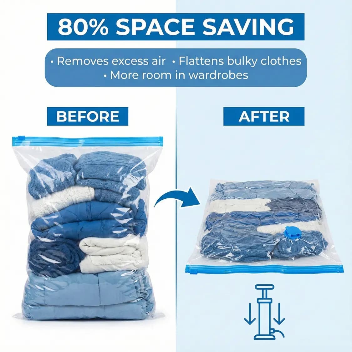 Vacuum Storage Bags with Suction Pump & Shirt Clips Big Capacity Space Saver Set (5 Pcs Set) - Image 2