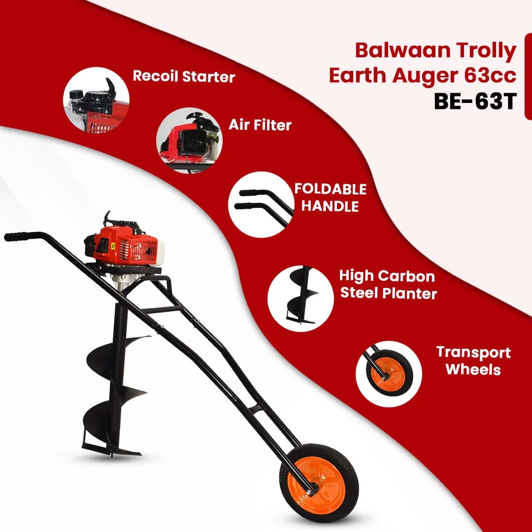 Balwaan BE 63T Trolly Earth Auger 2 Stroke, 63cc With 8 and 12 Bits, Used To Dig Holes In The Soil For Planting - Image 3