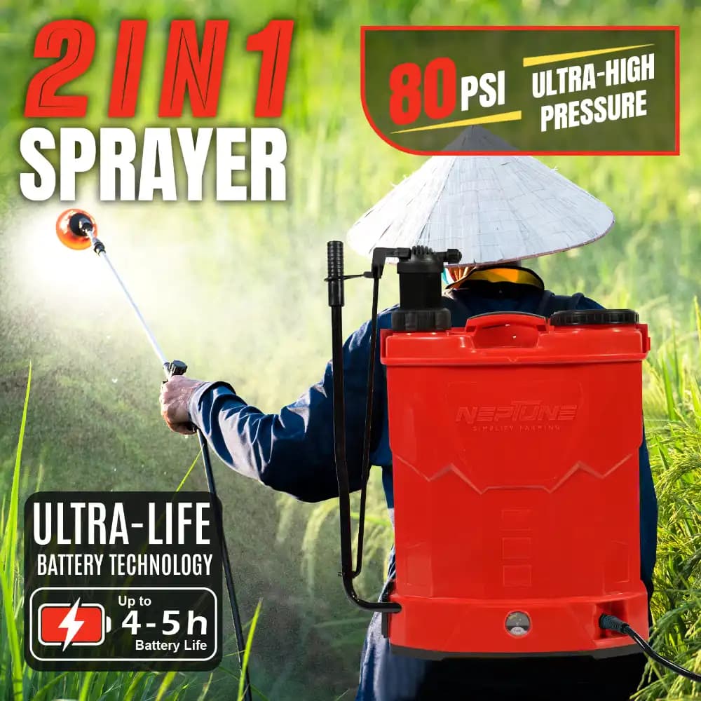 Neptune Model-25 Battery & Manual 2 in 1 Knapsack Sprayer 12V x 12Amp, 20L Tank, Telescopic Lance with 4 Nozzles for Farming & Garden (Color May Vary) - Image 2