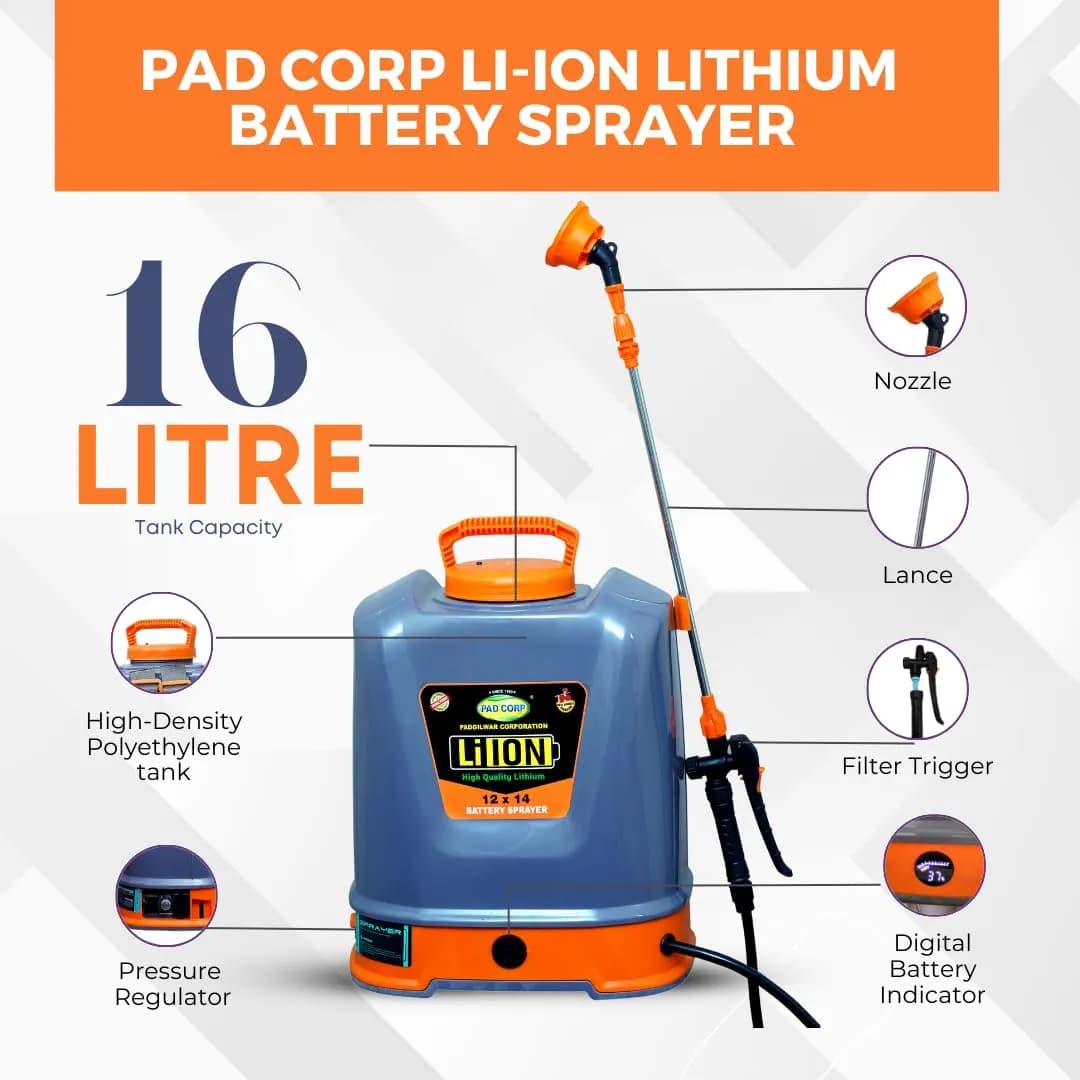 Pad Corp Li-Ion Lithium Battery Sprayer 12 Volt x 14 Amp, 1 Year Battery Warranty, Light Weight, 4.5 LPM Copper Motor, 16 Ltr Tank, Digital Volt Meter - Image 3