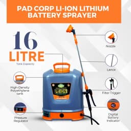 Pad Corp Li-Ion Lithium Battery Sprayer 12 Volt x 14 Amp, 1 Year Battery Warranty, Light Weight, 4.5 LPM Copper Motor, 16 Ltr Tank, Digital Volt Meter 3
