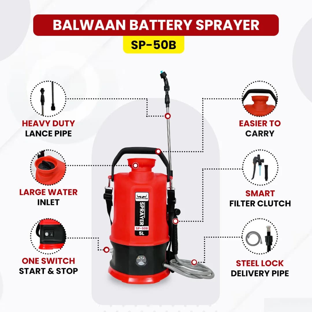 Balwaan SP-50B Li-Ion Garden Battery Sprayer, Battery Operated High-Pressure Sprayer, 5 L Tank Capacity, Use for Gardening, Agriculture and Lawn Care - Image 5