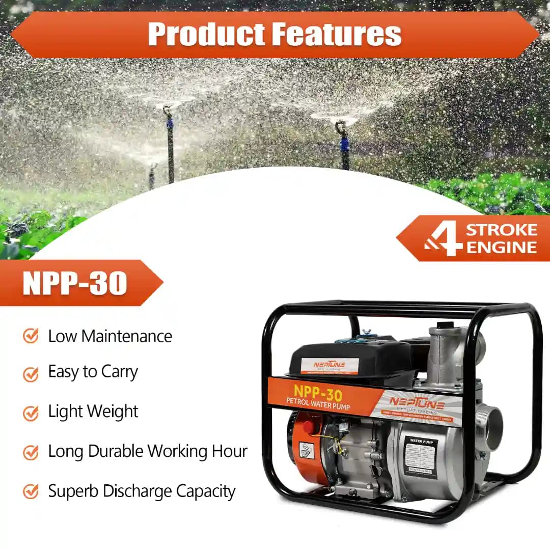 Neptune NPP-30 Water Pump, 3 Inch Outlet, 6.5 HP, 196 CC 4 Stroke Petrol Engine, 3600 RPM Ideal for Farming, Irrigation, Draining & Gardening - Image 2